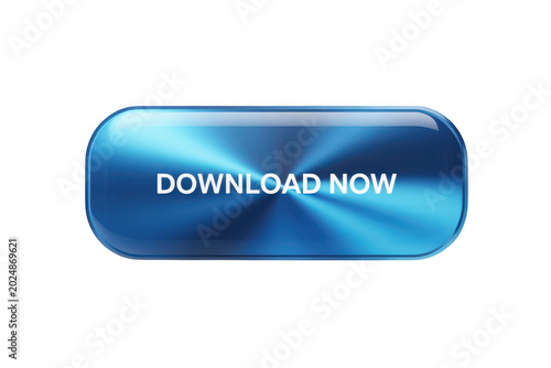 Glossy blue metallic button with the text download now isolated on transparent background