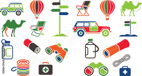 colorful travel and adventure icons on white background