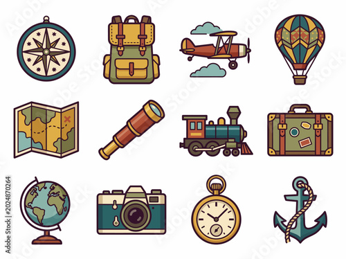 Obraz na plátně A nostalgic collection of travel-themed icons including a compass, backpack, and globe, invoking a sense of adventure and exploration in life