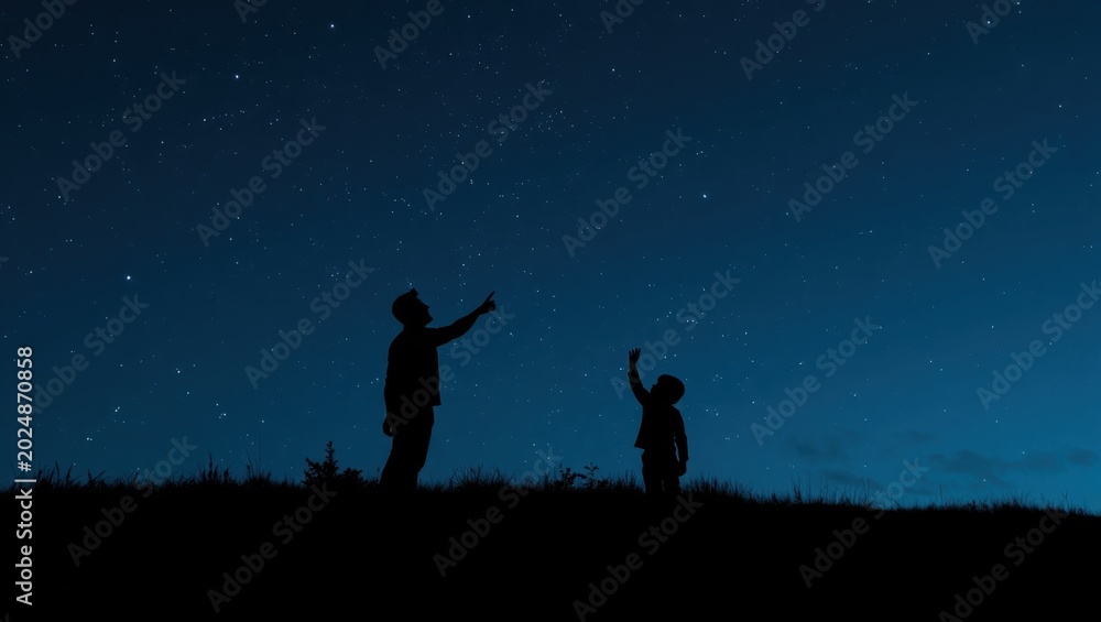 Fototapeta premium Father pointing at stars with son on Fathers Day.