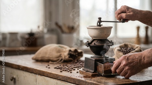 A person manually grinding coffee beans with a vintage grinder on a rustic wooden kitchen countertop surrounded by scattered beans and burlap bags.