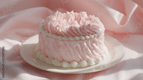 Cute Korean pastel cake, pink frosting swirl, white edges, soft daylight, minimal romantic poster aesthetic