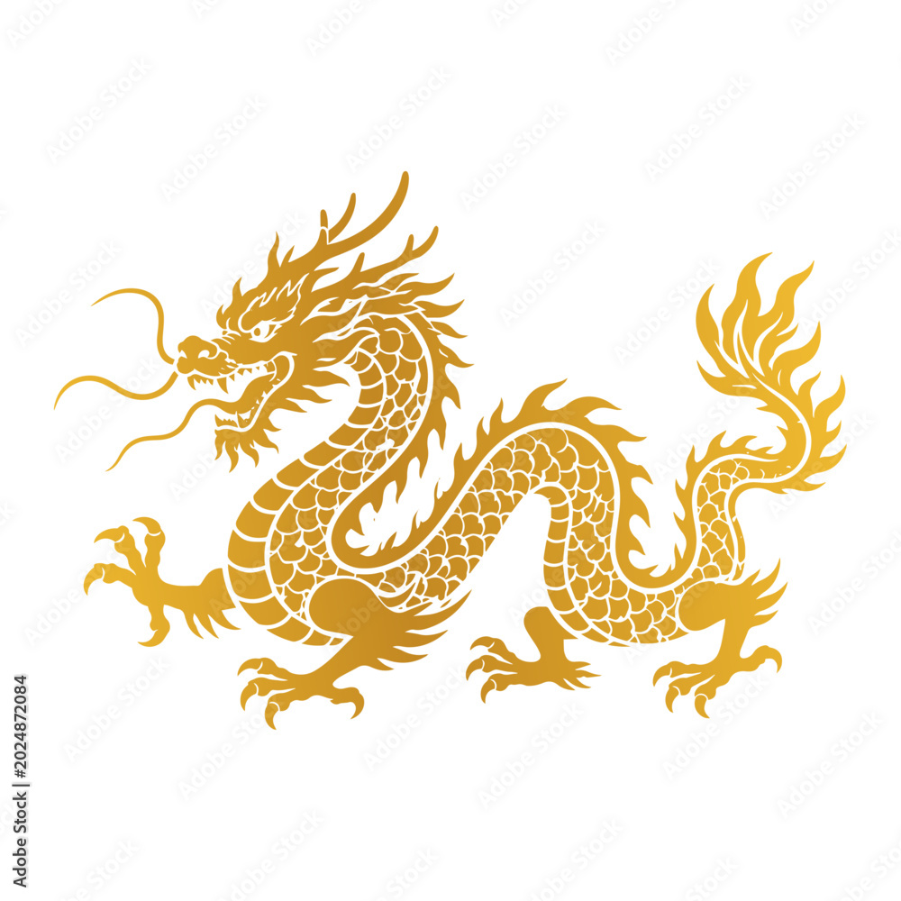 Fototapeta premium Golden silhouette of traditional chinese dragon mythical creature on white background for oriental art design.