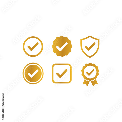 Foto Collection of golden checkmark icons: symbol of verification, approval, quality, and guarantee