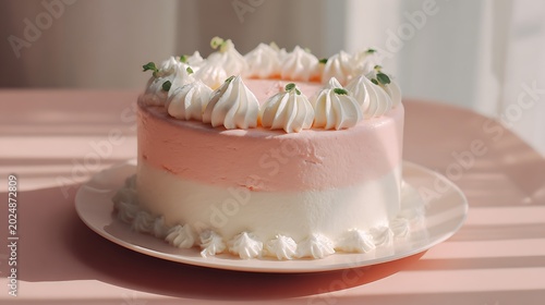 Cute Korean minimalist cake, pastel pink top, white cream border, soft daylight, minimal romantic poster look
