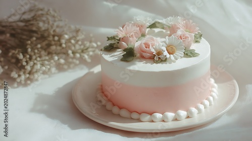 Cute Korean minimalist cake, pastel pink top, white cream border, soft daylight, minimal romantic poster look