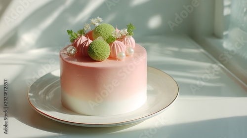 Minimalist Korean cake, pink blush frosting, white rim, bright natural light, airy dreamy composition