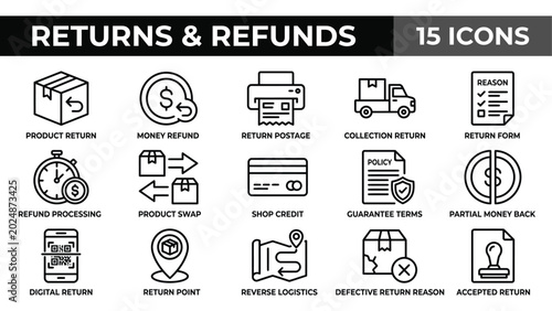 Foto Ecommerce return and refund icon set, business and shopping symbols