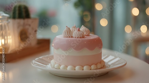 Romantic Korean-style cake, soft pink top, white edges, soft soft-focus light, cozy modern aesthetic