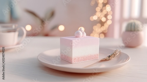 Romantic Korean-style cake, soft pink top, white edges, soft soft-focus light, cozy modern aesthetic