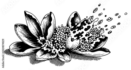 Foto Lotus flower dissolving into small floating particles in hand drawn engraving st