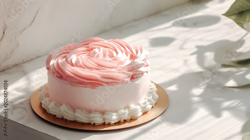 Cute Korean pastel cake, pink frosting swirl, white cream rim, bright soft daylight, minimal airy composition