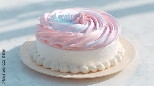 Cute Korean pastel cake, pink frosting swirl, white cream rim, bright soft daylight, minimal airy composition