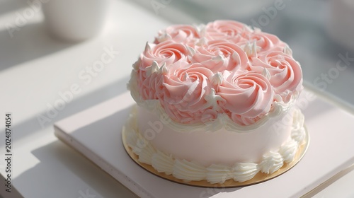 Cute Korean pastel cake, pink frosting swirl, white cream rim, bright soft daylight, minimal airy composition