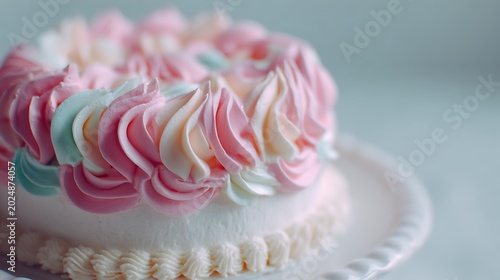 Cute Korean pastel cake, pink frosting swirl, white cream rim, bright soft daylight, minimal airy composition