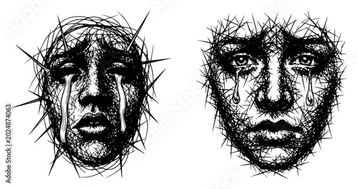 Foto Sorrowful weeping faces wrapped in sharp thorns and messy scribbles in dark emot