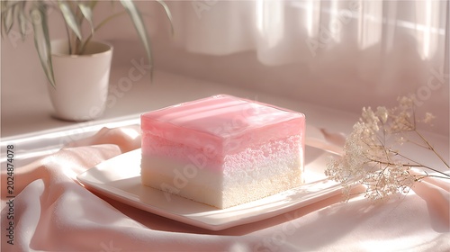 Minimal Korean cake, pastel pink top, white edges, soft natural light, dreamy romantic poster style