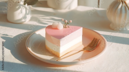Minimal Korean cake, pastel pink top, white edges, soft natural light, dreamy romantic poster style