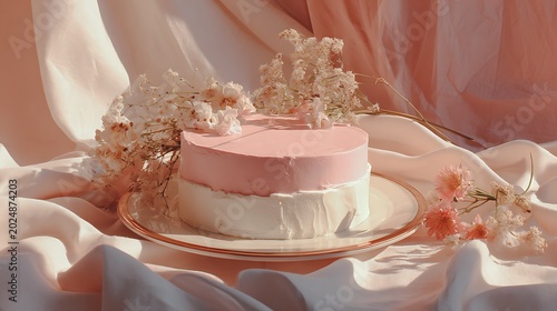 Minimal Korean cake, pastel pink top, white edges, soft natural light, dreamy romantic poster style