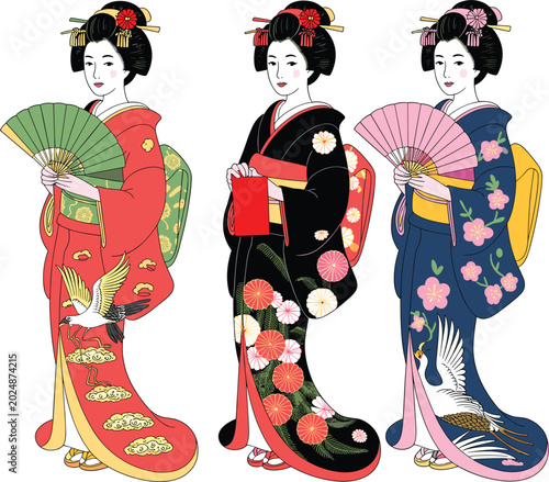 Quadro su tela Traditional Japanese geisha women vector collection, elegant kimono cultural ill