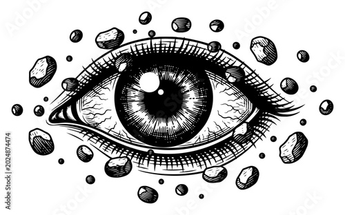 Photography Human eye surrounded by floating stones in surreal vintage engraving style