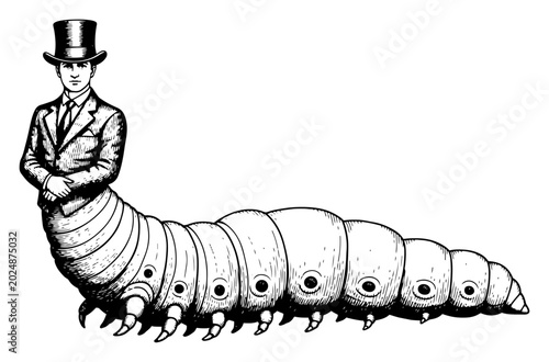 Photography Man in top hat with caterpillar body in surreal vintage engraving style