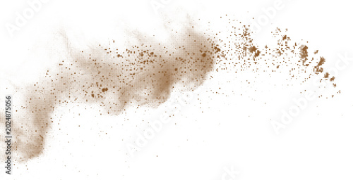 Tableau sur toile Explosion of brown halftone dots forming scattered dust or sand particles, dynamic motion effect on transparent background for design elements