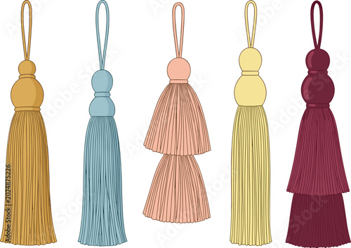 Cuadro en lienzo Decorative tassel ornament vector set with hanging loops, colorful fringe, and e