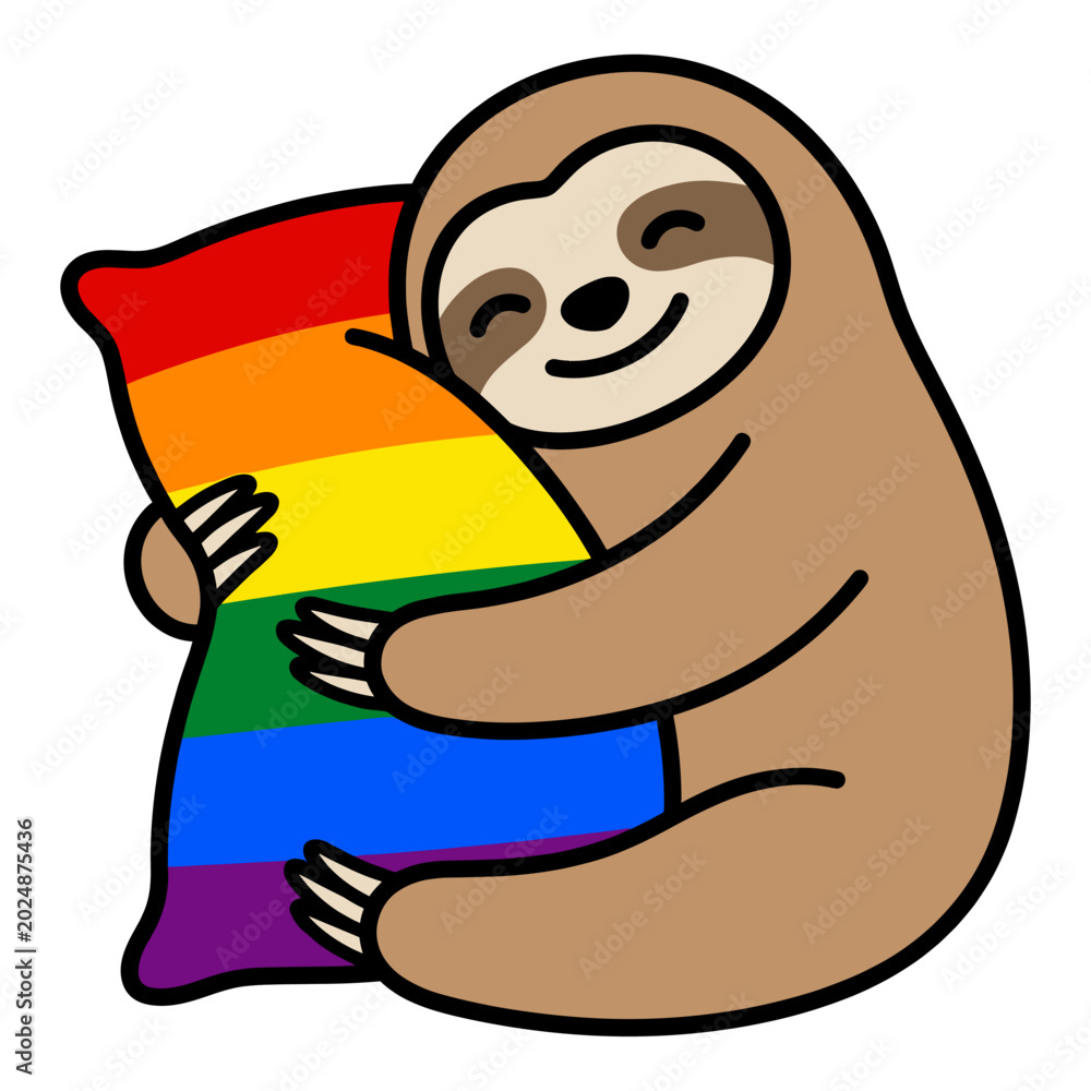 Fototapeta premium Sloth hugging rainbow pillow flat design vector illustration