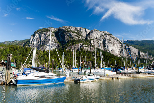 View of stawamus chief mountain from squamish marina in british columbia canada