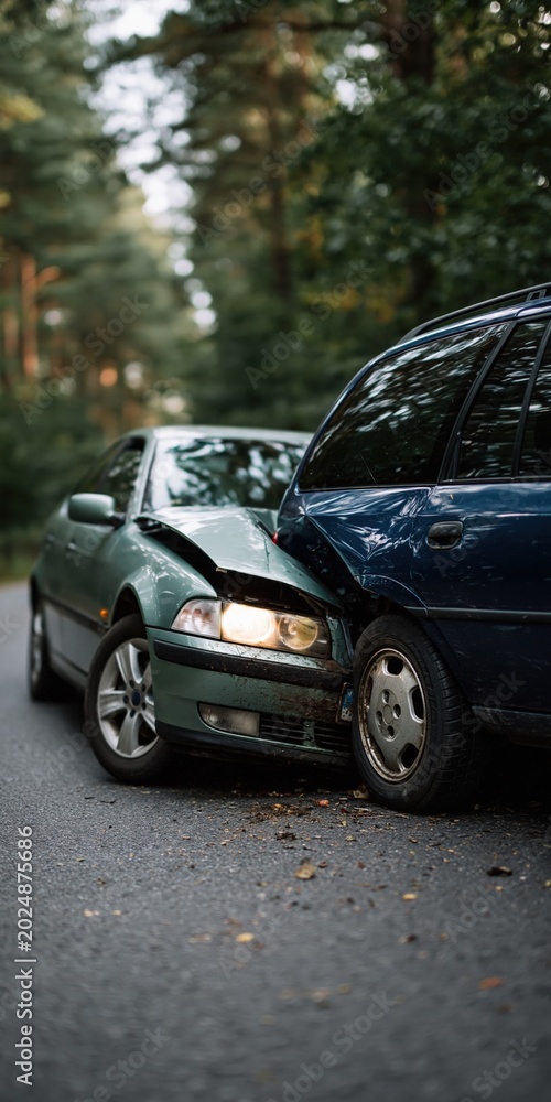 Fototapeta premium Two cars collided head on on forest lined road