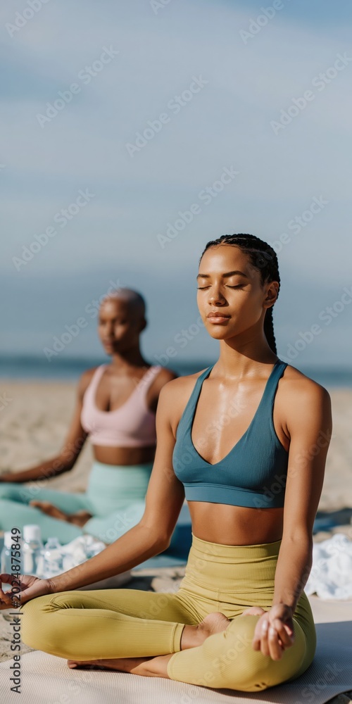 Obraz premium Female duo meditating cross legged near ocean shoreline