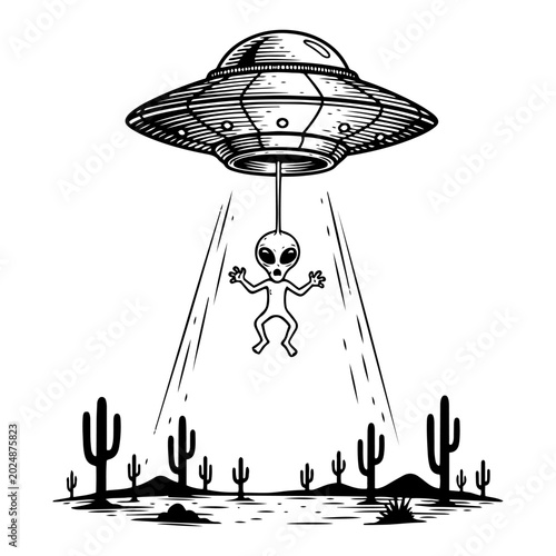 Tableau sur toile UFO flying saucer beaming up small alien in desert landscape engraving style