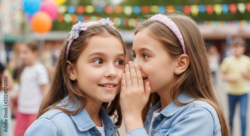 Two young girls sharing a secret outdoors on children's day