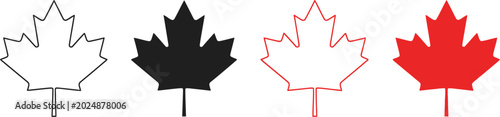 Canada day vector maple leaf set outline solid black red and fill styles