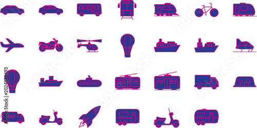 Quadro em tela Transportation icons in purple tones depict a diverse range of travel methods and vehicles for navigation