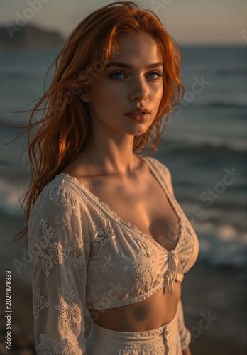 Beautiful redhead woman with blue eyes wearing white lace top at beach sunset