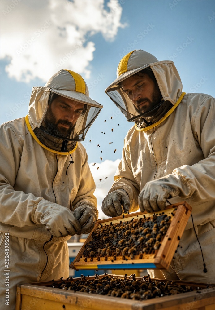 Fototapeta premium Two beekeepers in protective suits inspecting honey bees on honeycomb frame in apiary
