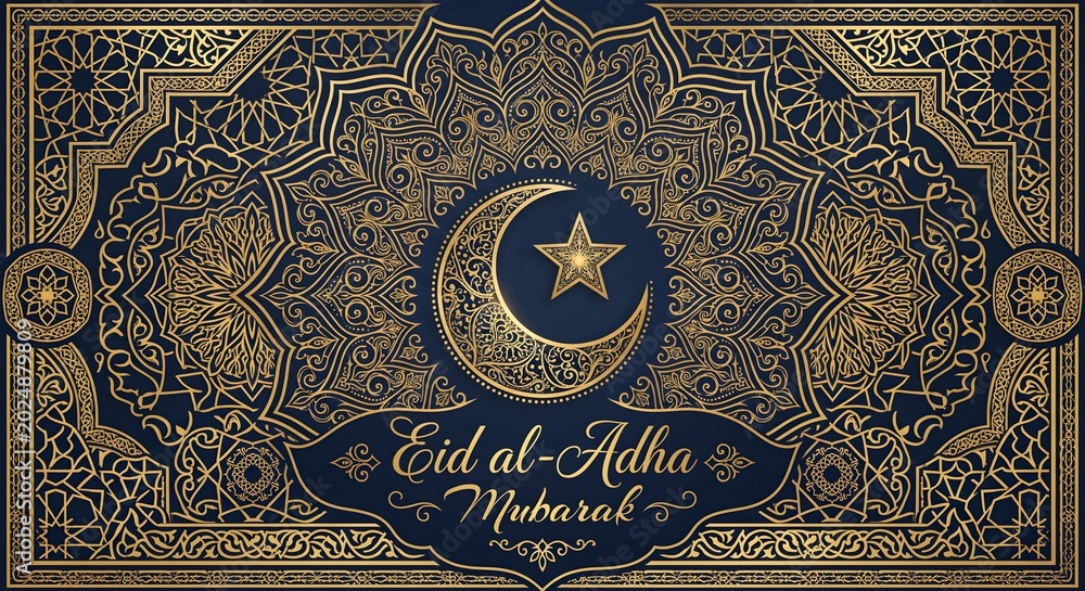 Naklejka premium Intricate Vintage Gold Arabesque Pattern Background with Eid Al-Adha Mubarak Calligraphy on Deep Blue Surface