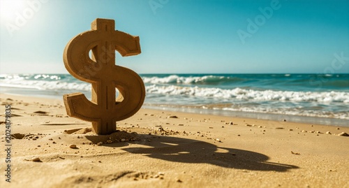3D dollar sign made of sand on tropical beach with ocean waves concept