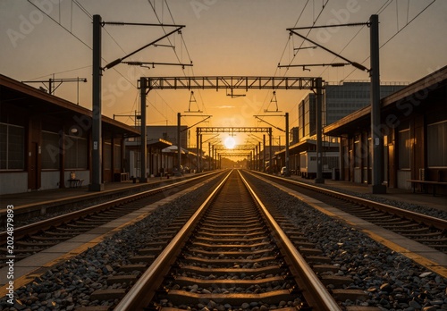 Railway tracks receding into the sunset at a modern train station platform