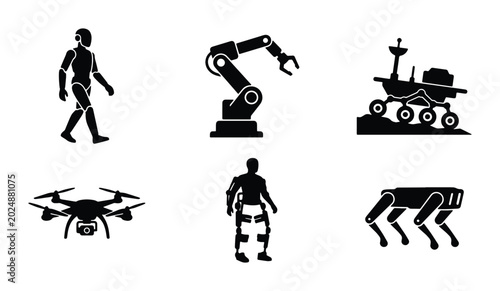 Bild auf Leinwand Robotics Icons Set: Humanoid Robot, Industrial Arm, Mars Rover, Drone, Exoskelet