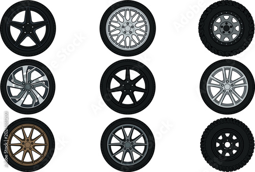 Photos Car Wheels and Rims Vector Set with Various Alloy Wheel and Tire Designs
