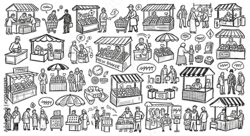 Collection of hand-drawn market stalls and people in sketch style.