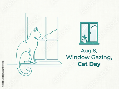 August 8 window gazing cat day illustration with a cat sitting on a windowsill line art august
