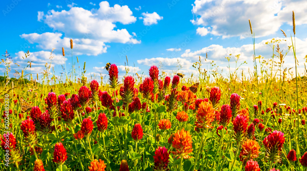 Obraz premium Crimson Clover Field with Blue Sky and Clouds