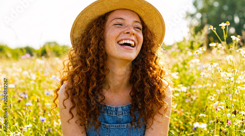 Happy young woman with red curly hair laughing in a field of wildflowers