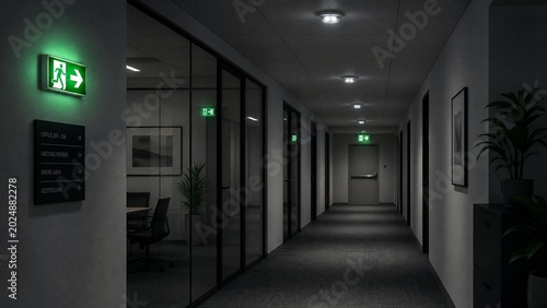 Dark Modern Office Corridor with Glowing Green Emergency Exit Signs at Night