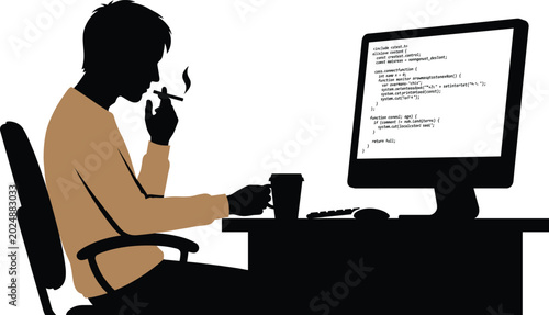 Foto Programmer silhouette vector illustration working at desk on computer screen wit
