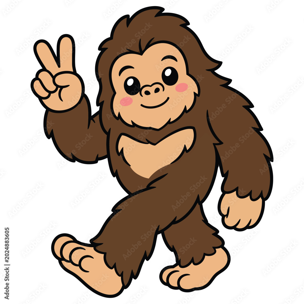 Obraz premium Cute cartoon bigfoot character making a peace sign gesture